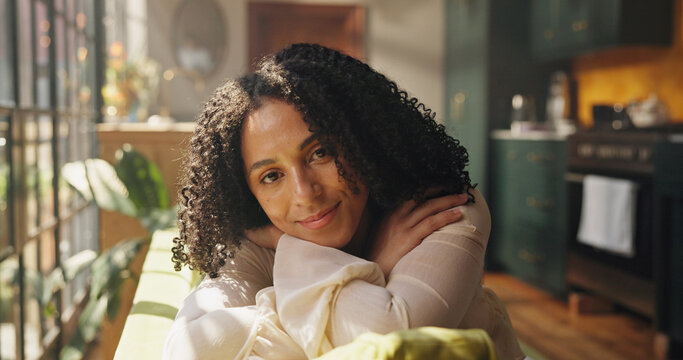 Smile, relax and portrait of woman on sofa in home with calm, peace and morning break on weekend. Happy, positive attitude and female person on couch in living room for comfort in apartment in Mexico