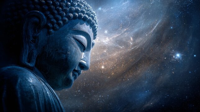 Serene Buddha Statue with Cosmic Galaxy Background and Starry Sky
