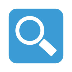 Blue square button with white magnifying glass icon for search finding