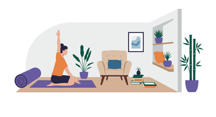 Tranquil home yoga practice with indoor plants and cozy decor