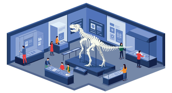 Isometric museum exhibit with dinosaur skeleton and interacting visitors