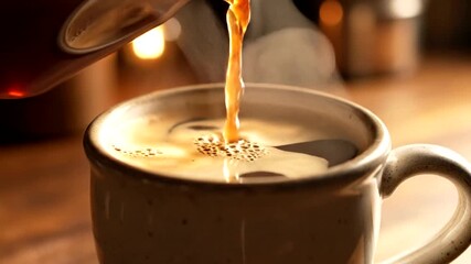 Close-up pouring hot coffee into ceramic mug with steam, cozy kitchen background, daily rituals