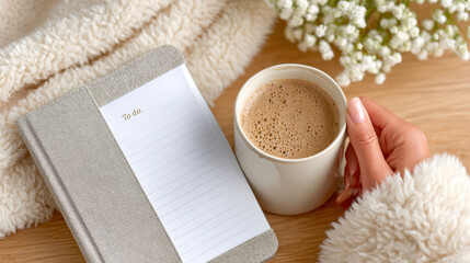 Young woman planning self-care with a to-do notebook and coffee cup in a cozy setting with blanket and flowers