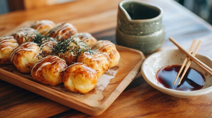 Delicious Takoyaki Platter with Soy Sauce and Green Garnish on Wooden Table for Japanese Cuisine Lovers and Food Enthusiasts