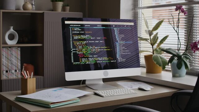 Medium shot of screen with programming script on computer monitor at desk with documents in modern office