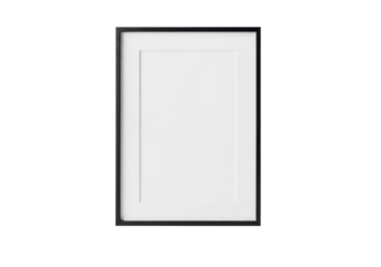 Empty, sleek, black rectangular picture frame with thin matte borders, isolated on pristine transparent background, copy space, soft shadow, concept of blank canvas
