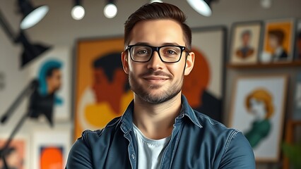 founder. Entrepreneur in a creative workspace with an abstract art background and professional lighting. pitch deck slides, case study pages, designed for brand storytelling and e-commerce strategy.