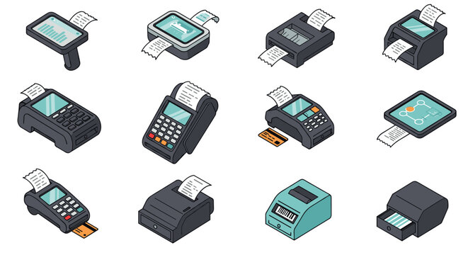 Isometric electronic payment terminals and receipt printers set