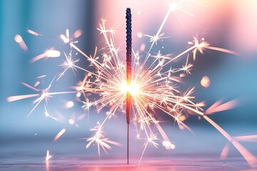 Bright sparkler emits dazzling light with beautiful sparkles against a blurred pink and blue background