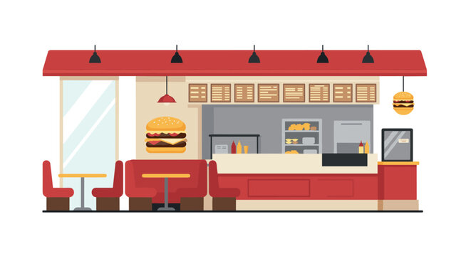 Modern fast food restaurant interior design with burgers and red seating