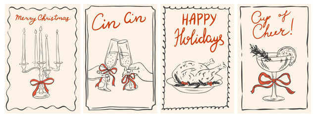 Hand drawn vintage  Christmas dinner posters set. Retro new year drawing set in doodle line art, minimalist print style with champagne cheers, turkey, cocktail. Vector ink cards in coquette style