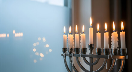 Hanukkah Celebration A Menorah Lit with Candles Against Window