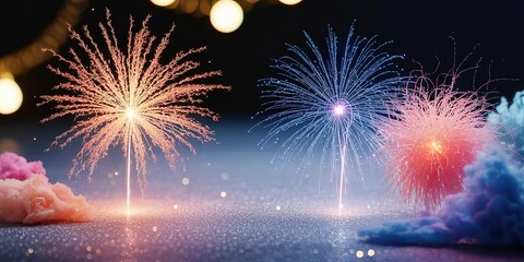 Bright firework blooms explode, casting radiant light on the celebratory landscape beneath, festive ambiance