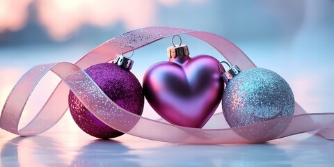 Glittering purple and silver spheres with a heart rest among a delicate pink ribbon