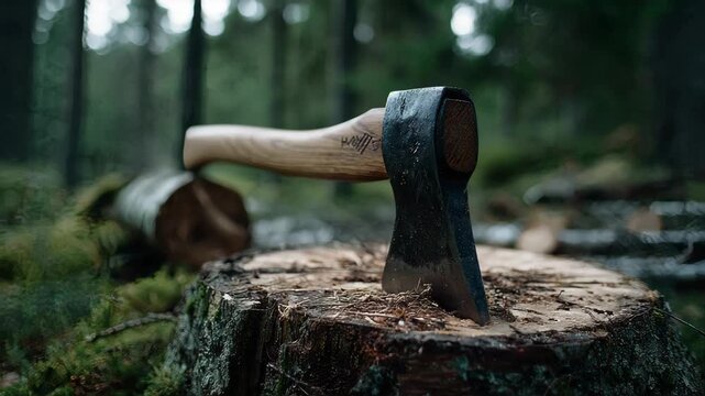 a hultafors forest ax stuck in a chopped tree stump