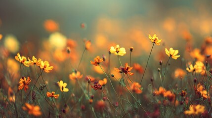 Close-up of vibrant orange and yellow wildflowers in soft natural light