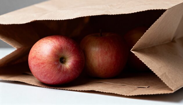 Open paper bag with apples inside on table in soft light, detailed still mood, photorealistic style - Powered by Adobe
