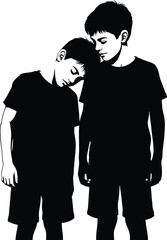 Two Boys Embracing and Leaning on Shoulder Vector ArtTwo Boys Embracing and Leaning on Shoulder Vector Art