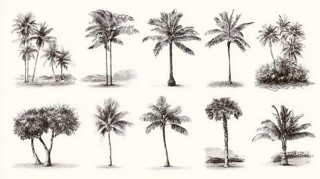 Pen and ink palm tree illustrations isolated on transparent background