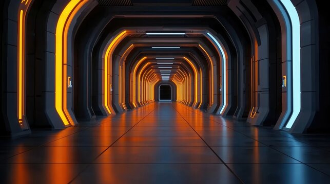 A long, dark, futuristic corridor with glowing orange and blue neon lights lining the walls and ceiling. The metallic floor reflects the vibrant lights, creatin