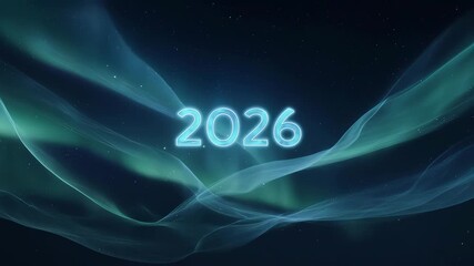 2026 text on abstract blue green flowing light waves background, future technology concept. - Powered by Adobe