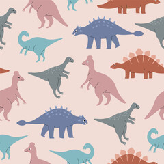 Seamless pattern with cute dinosaur characters on pink background. Template for print, fabric, wallpaper, wrapping paper