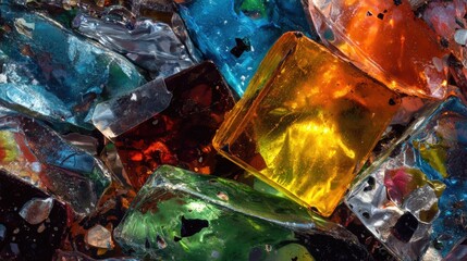 Colorful glass pieces shine in natural light, showcasing vibrant hues forming a beautiful abstract pattern