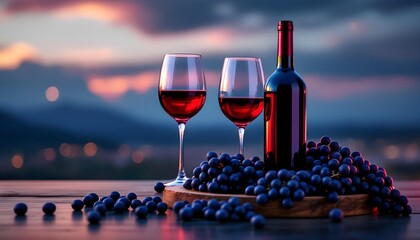 Red wine bottle with glasses and fresh grapes on a wooden tray