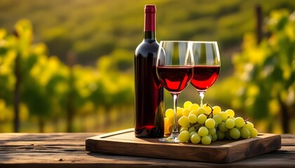Red wine bottle with glasses and fresh grapes on a wooden tray