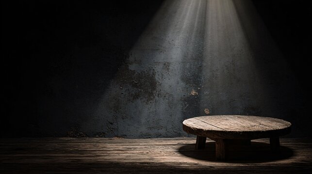 Rustic round wooden table illuminated by dramatic spotlight in dark room