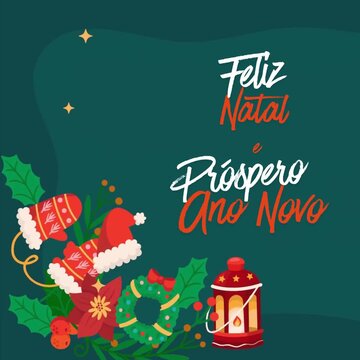 Feliz Natal e um pr&oacute;spero Ano Novo; cart&atilde;o simples com votos em portugu&ecirc;s, fundo verde e decora&ccedil;&otilde;es natalinas