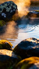 Obraz premium Natural hot spring with steam rising, water ripples, sunlit rocks, and lush moss, creates a serene atmosphere