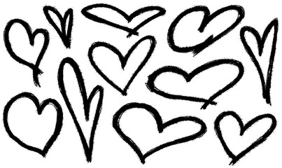 Graffiti spray heart set. Urban airbrush scribble ink heart shapes. Grunge grafitti stains and aerosol elements for Valentines Day and romantic. Vector textured underground urban elements
 