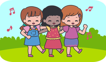 Cute Girl Friends Embracing Kids Friendship Art. Perfect for educational materials, children books, friendship themes, posters, websites, and designs promoting teamwork and social bonding.