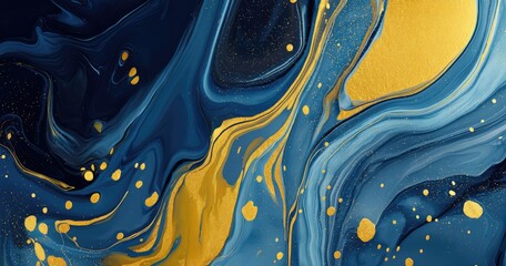 Abstract background with navy blue and gold color splashes, paint drops, and liquid shapes.