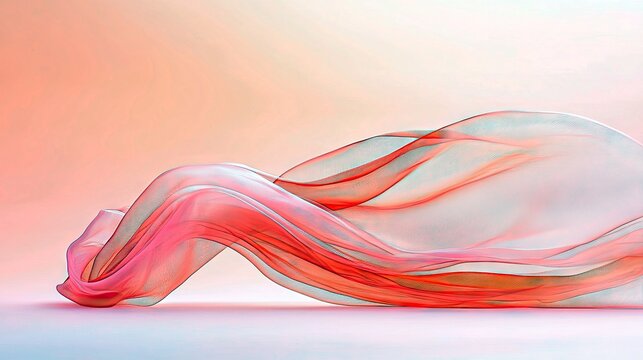 A close-up shot of flowing red and white translucent fabric creating elegant wave-like shapes against a soft gradient background. The lighting is gentle and dif