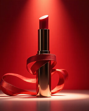 Luxury Red Lipstick with Satin Ribbon on Dramatic Red Background