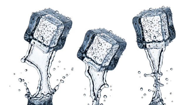 Frozen water cubes falling with splash and droplets against transparent background, clean isolation for design