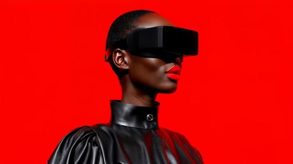 A futuristic portrait shows a stylish person wearing a sleek visor against bold red emphasizing virtual reality fashion innovation digital culture and cutting edge technology for metaverse gaming or t
