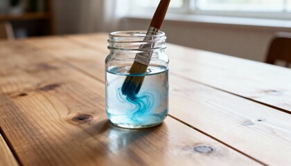 Paintbrush soaking in glass jar with pigment swirl in warm light, calm mood, photorealistic style
