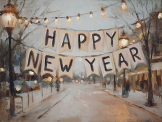 Cozy winter street scene with festive 'Happy New Year' banner and glowing lights, perfect for holiday greetings and seasonal promotions with artistic flair