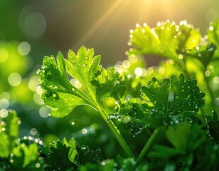 Parsley dew-kissed, sunlit leaves glow bright