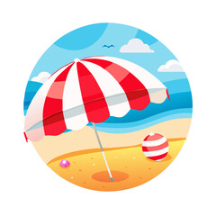 Beach umbrella and ball on the hot summer sand by the ocean, perfect for tropical holiday relaxation