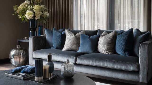 a living room in a contemporaty home, the photograh focusses on the sofa. the interior design blending understated luxury with impeccable craftsmanship