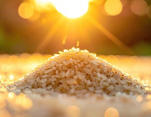 Rice pile glows, sunburst bokeh background