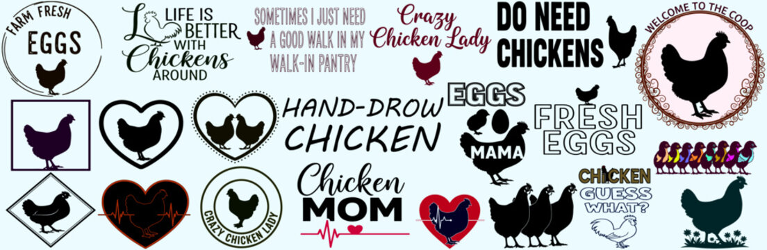 A collection of chicken themed designs featuring silhouettes and text on a light background