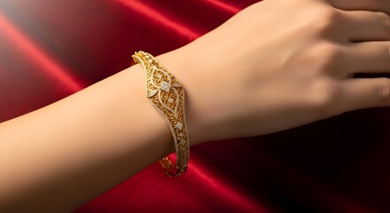 Elegant gold bracelet on hand display showcasing intricate jewelry design for fashion and luxury themes