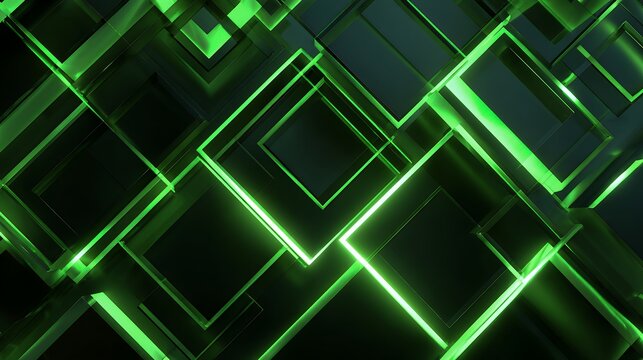 Futuristic Abstract Background with Neon Green Glowing Geometric Squares and Diamonds