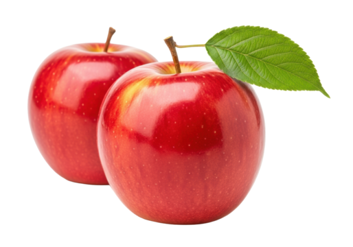 Vibrant red apples with yellow undertones, green leaf, glossy skin on a pristine transparent seamless studio background, close-up with shallow depth of field, healthy eating concept