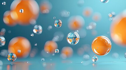 Abstract 3D render of colorful spheres, some transparent with internal particles, floating in a soft blue gradient. The lighting is gentle and diffused.
